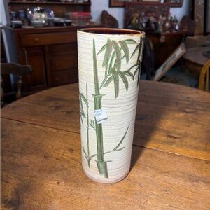Vintage Japanese Bamboo Hand Painted Ceramic Vase